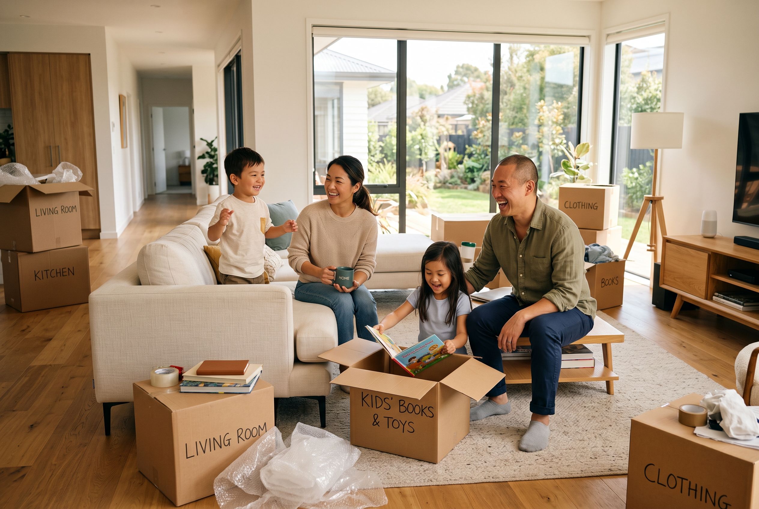 Family moving into a larger home without the stress of two mortgage payments