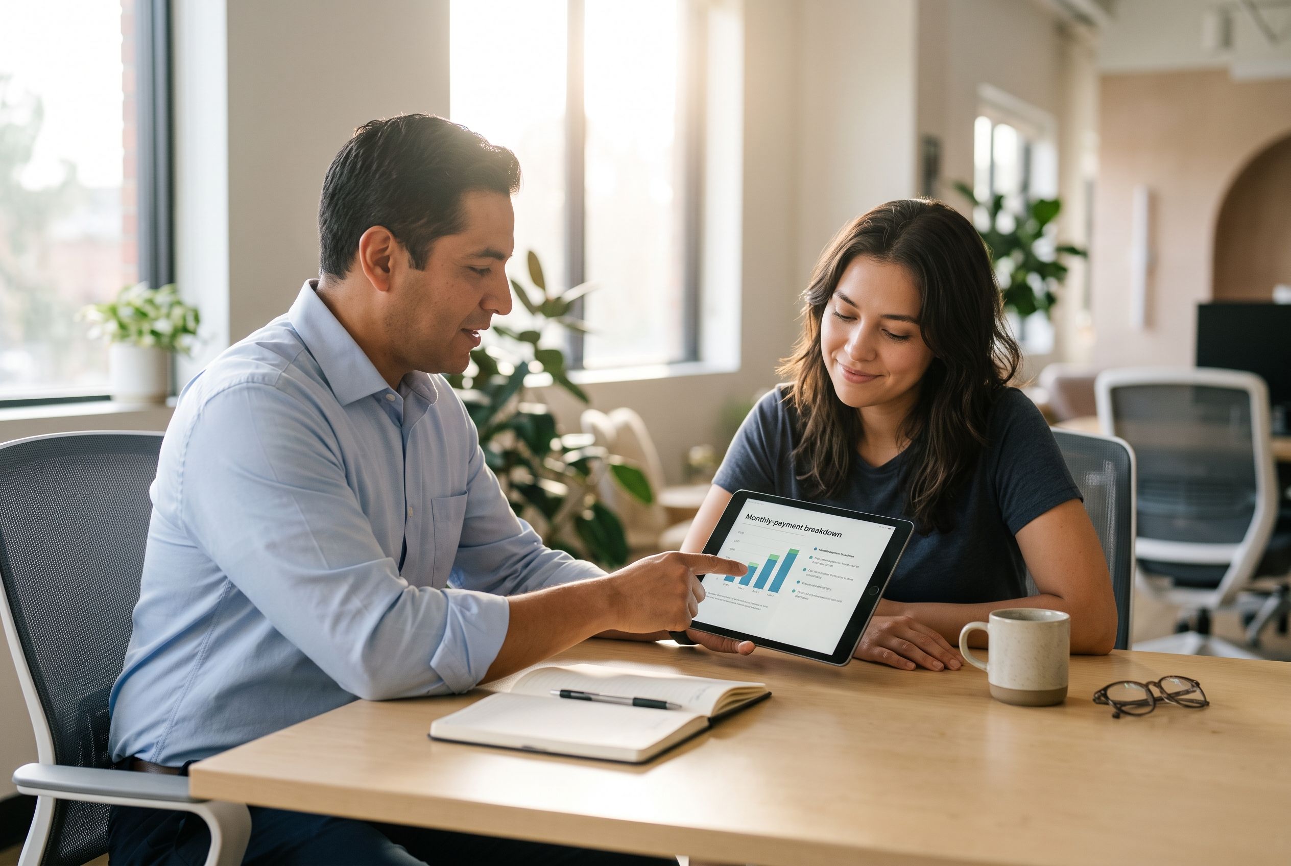 A loan officer showing a client a monthly payment breakdown on a laptop