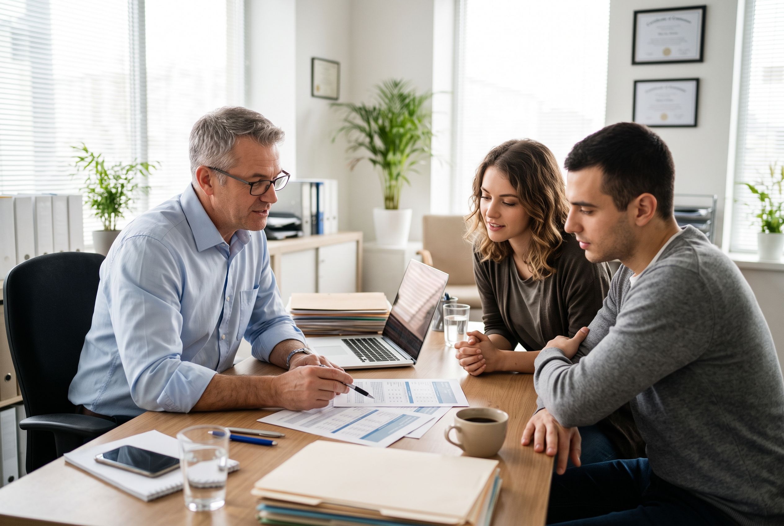 A loan officer explaining seller credits and rate buydown options to clients