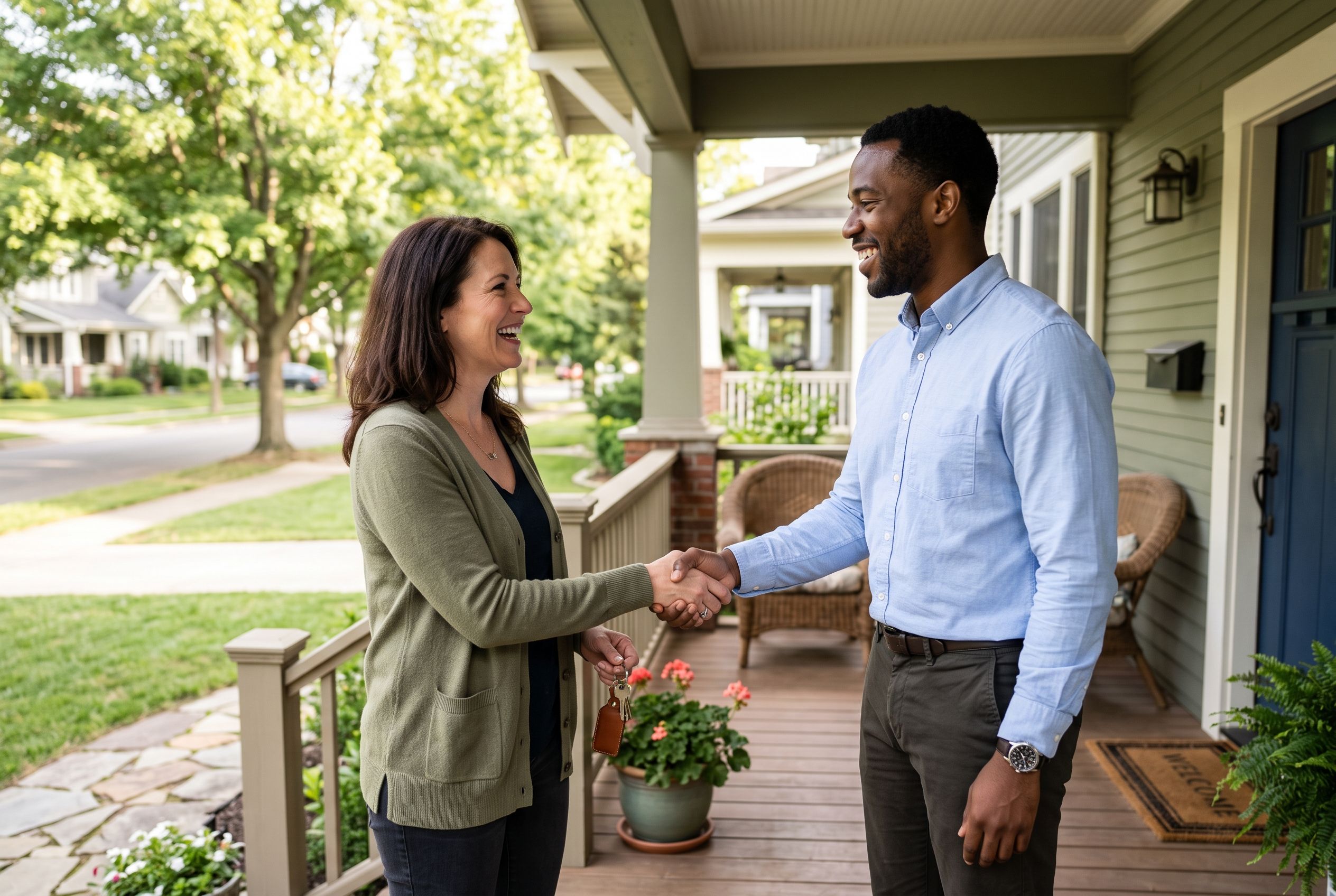 Seller shaking hands with her real estate agent on the porch after accepting a contingency-free offer
