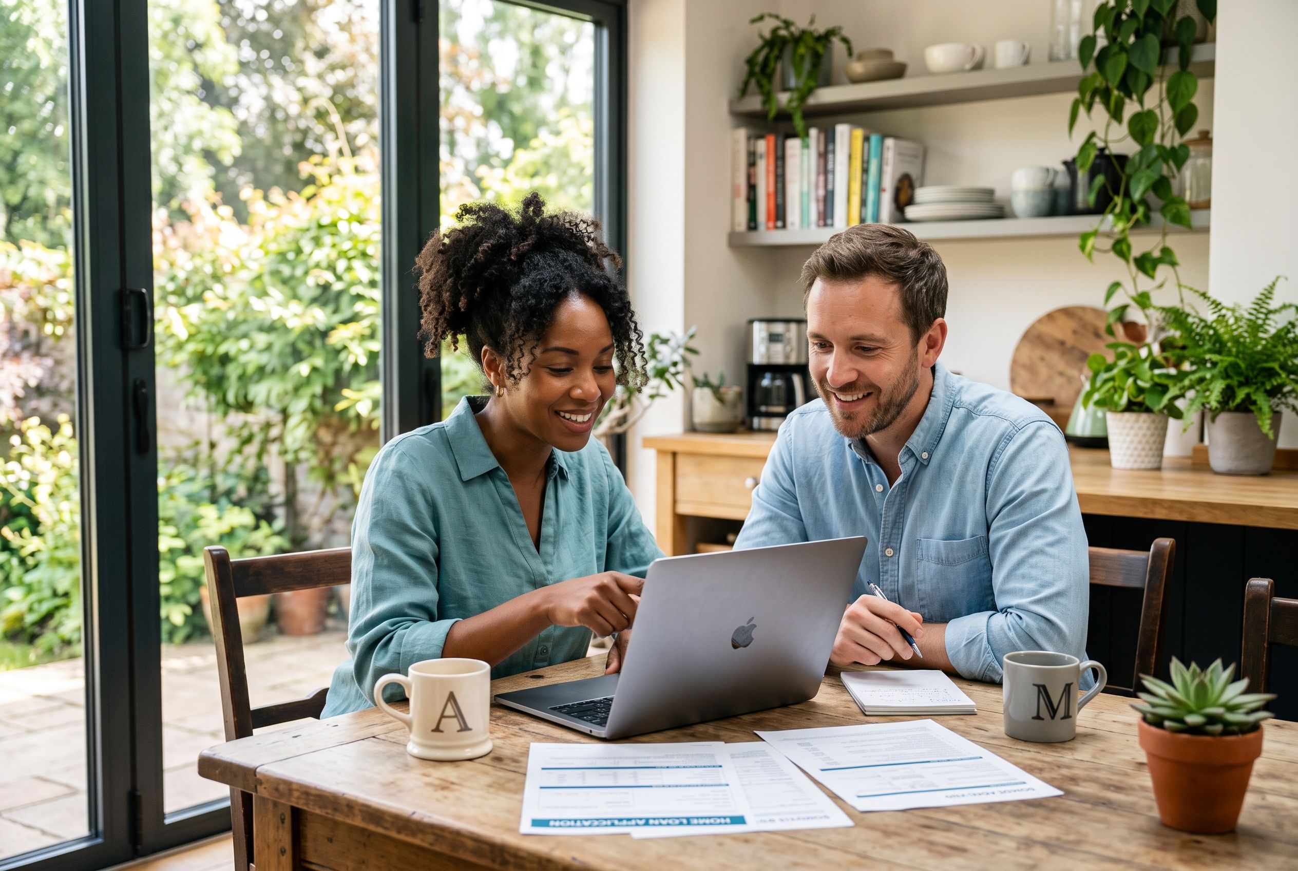 Move-up buyers reviewing financing options for a bigger house at their kitchen table