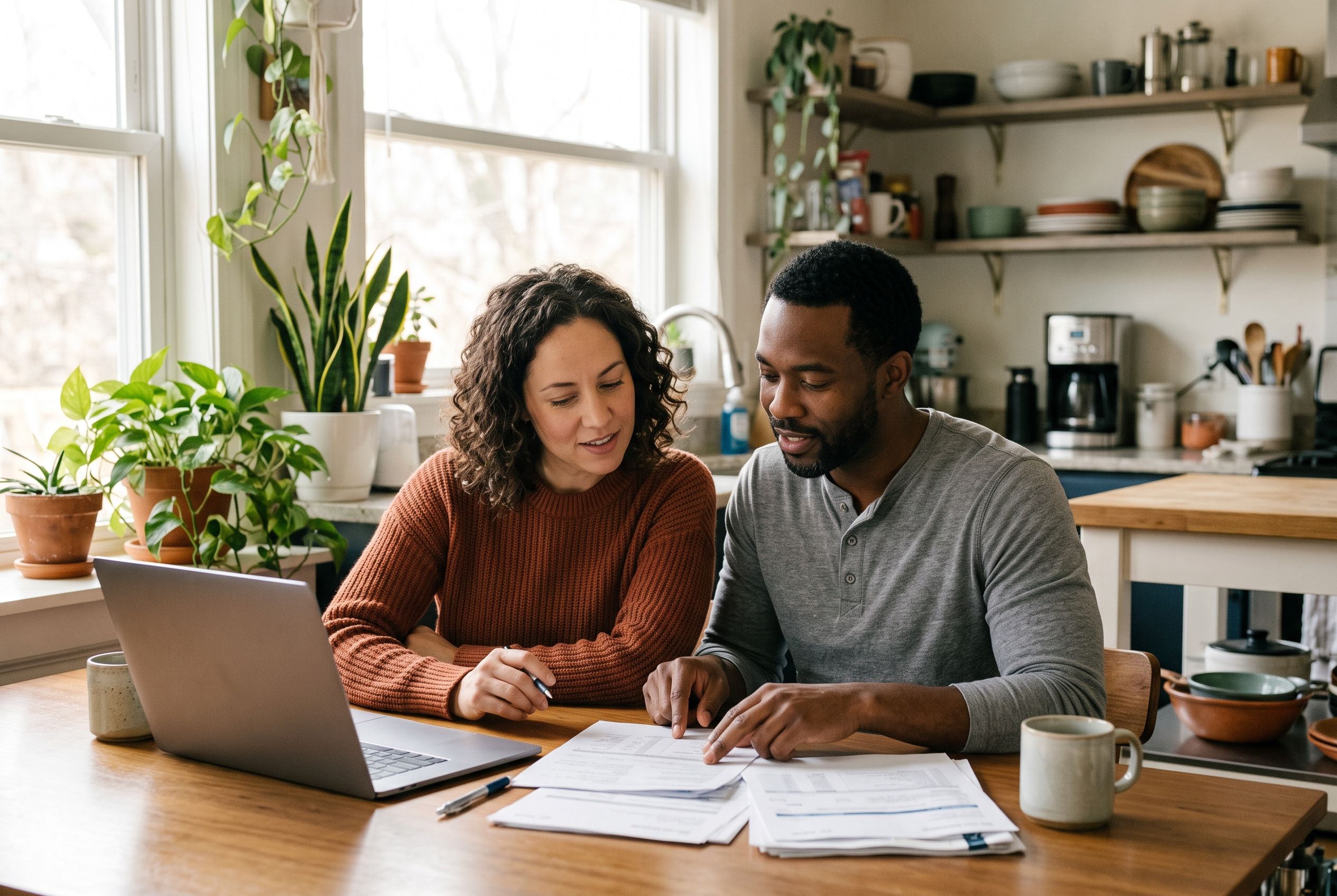 A couple reviewing home financing options at their kitchen table
