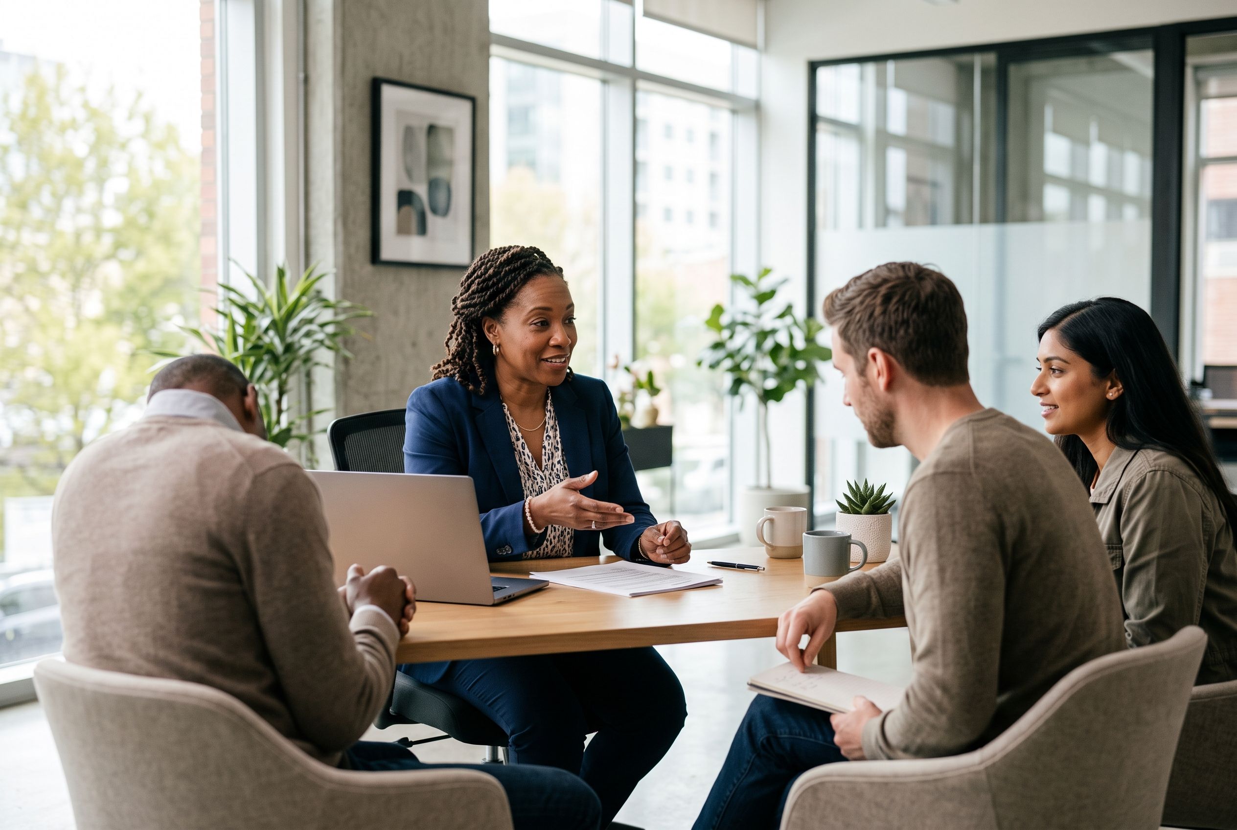A loan officer reframing the rate conversation with clients at a bright table