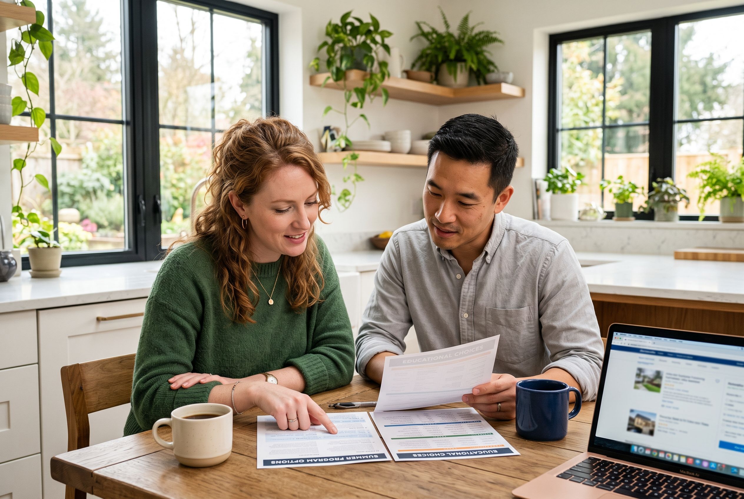 Homeowners comparing buy-before-you-sell programs at their kitchen table