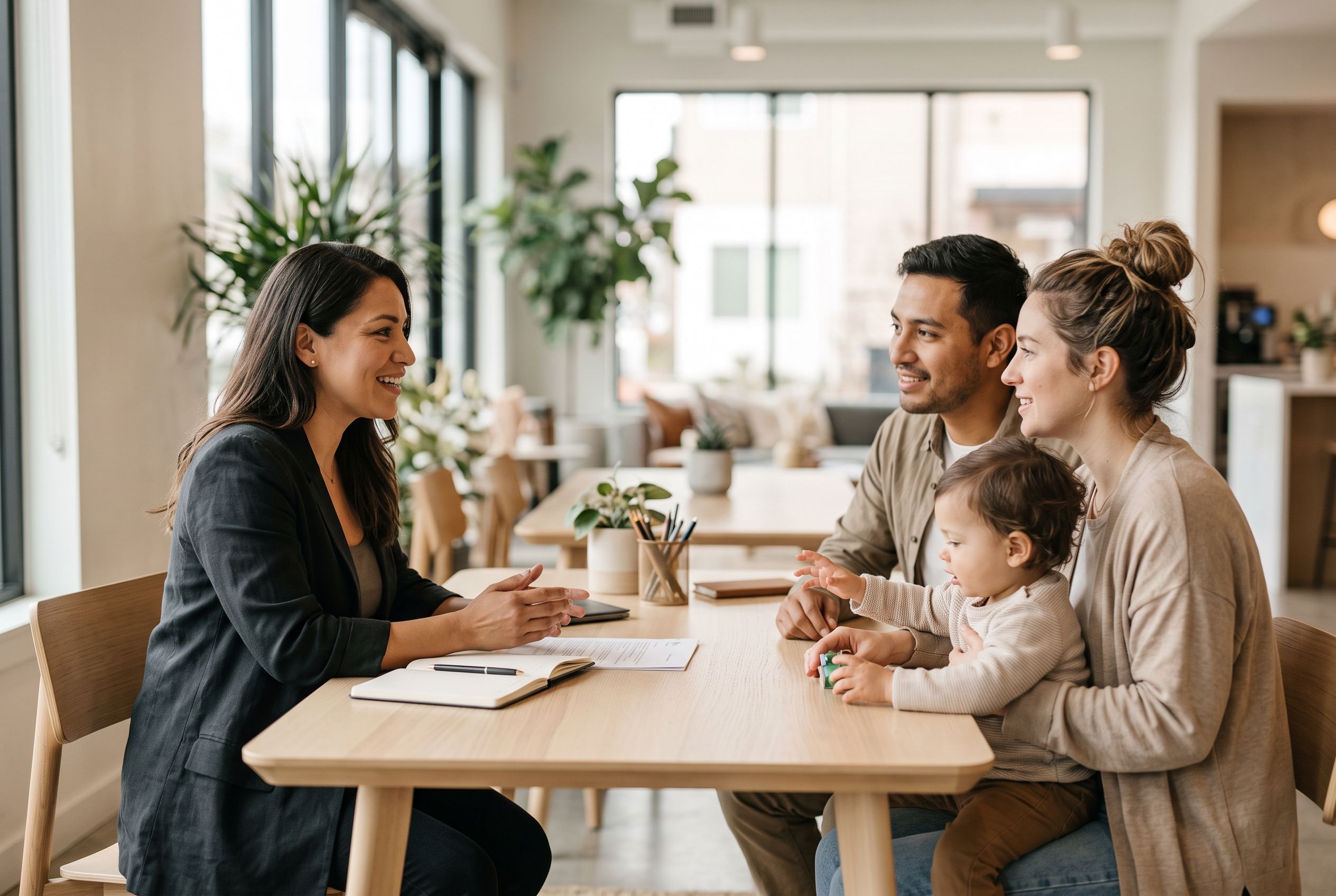 A loan officer discussing goals and timing with clients around a table