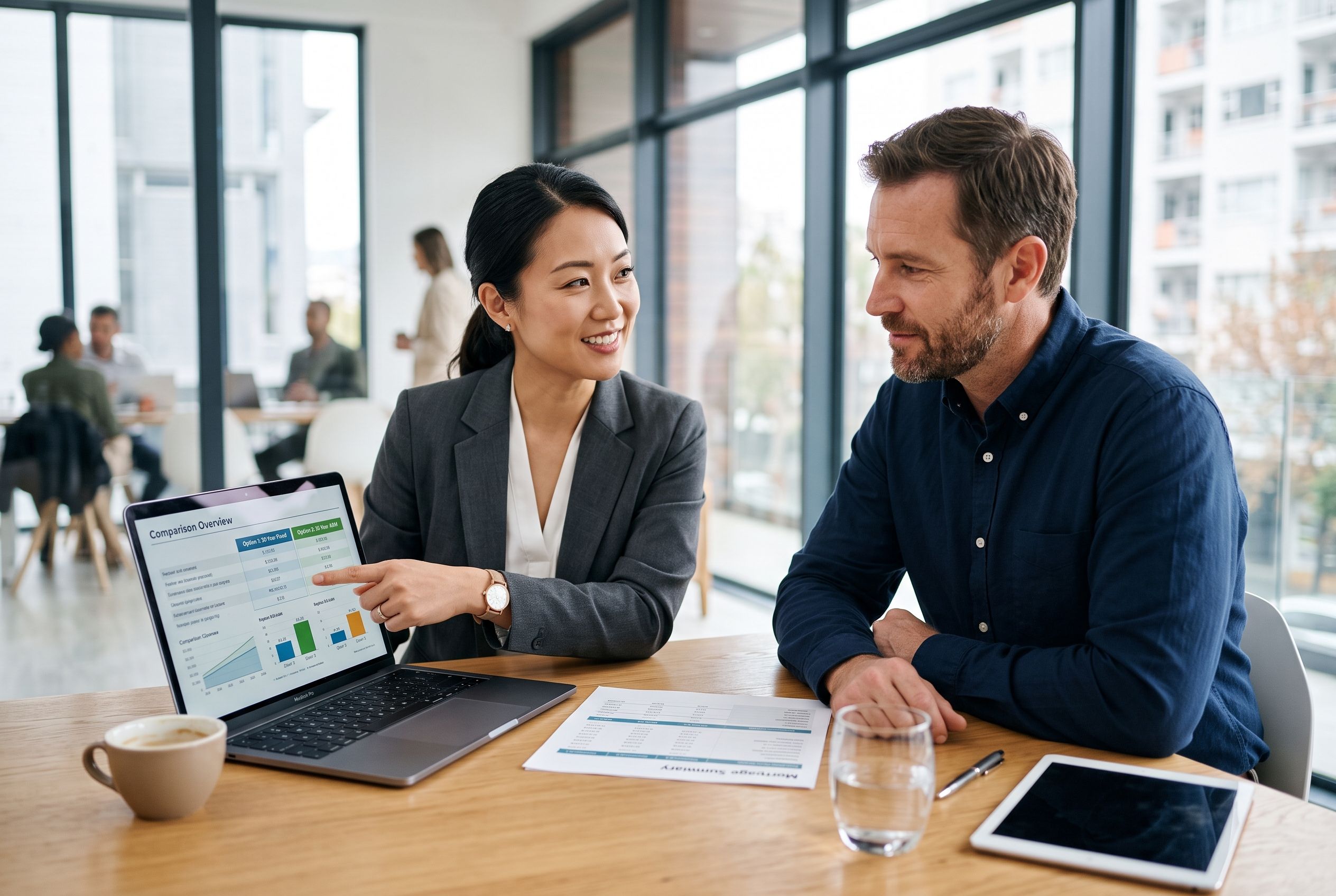 A loan officer comparing temporary and permanent buydown options with a client