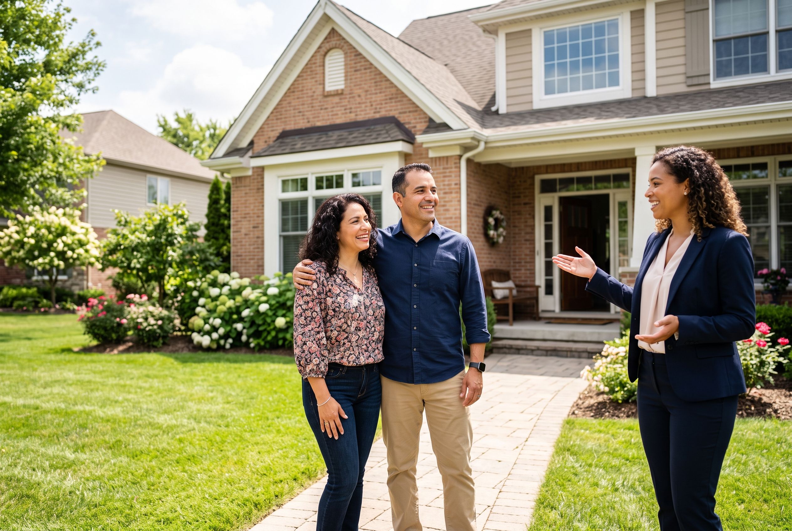 Couple touring a larger home they plan to buy before selling their current one